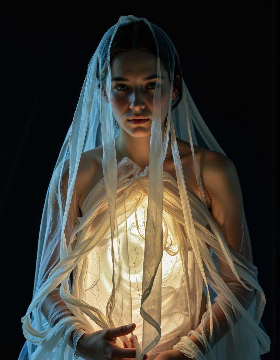 A highly detailed cinematic photography.upper body image of a person enveloped in a shroud-like material,  appears to be m...