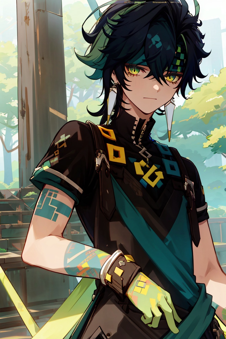 <lora:output_kinich:1>,1boy,male focus,jewelry,solo,earrings,looking at viewer,short sleeves,bangs,headband,shirt,black shirt,black hair,hair between eyes,tassel,yellow eyes,tattoo,closed mouth,upper body,tassel earrings,multicolored hair,green hair,green eyes,(forest),from_below,(outdoors),