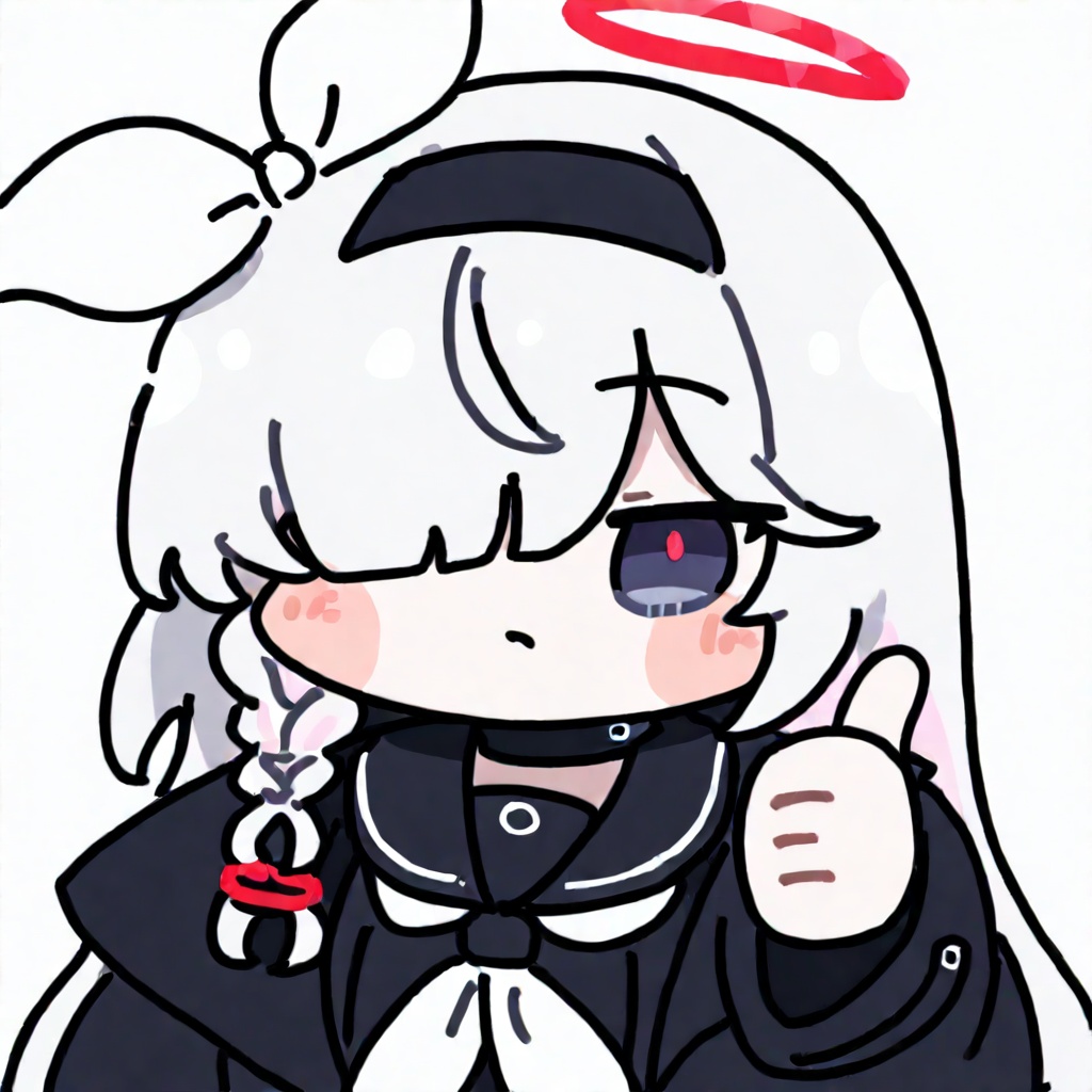 <lora:oldstore:1>,masterpiece,best quality,1girl,plana_\(blue_archive\),solo,hairband,halo,hair_over_one_eye,simple_background,white_hair,black_hairband,long_hair,school_uniform,chibi,thumbs_up,white_background,serafuku,white_neckerchief,neckerchief,choker,black_sailor_collar,braid,sailor_collar,black_serafuku,looking_at_viewer,black_coat,coat,upper_body,pink_hair,long_sleeves,black_choker,open_clothes,single_braid,multicolored_hair,grey_eyes,blush_stickers,black_eyes,