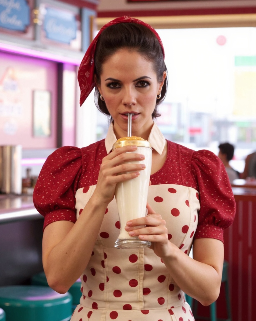 A high-resolution photograph featuring anna_silk in a vintage diner setting. She stands centrally in the image,  holding a...