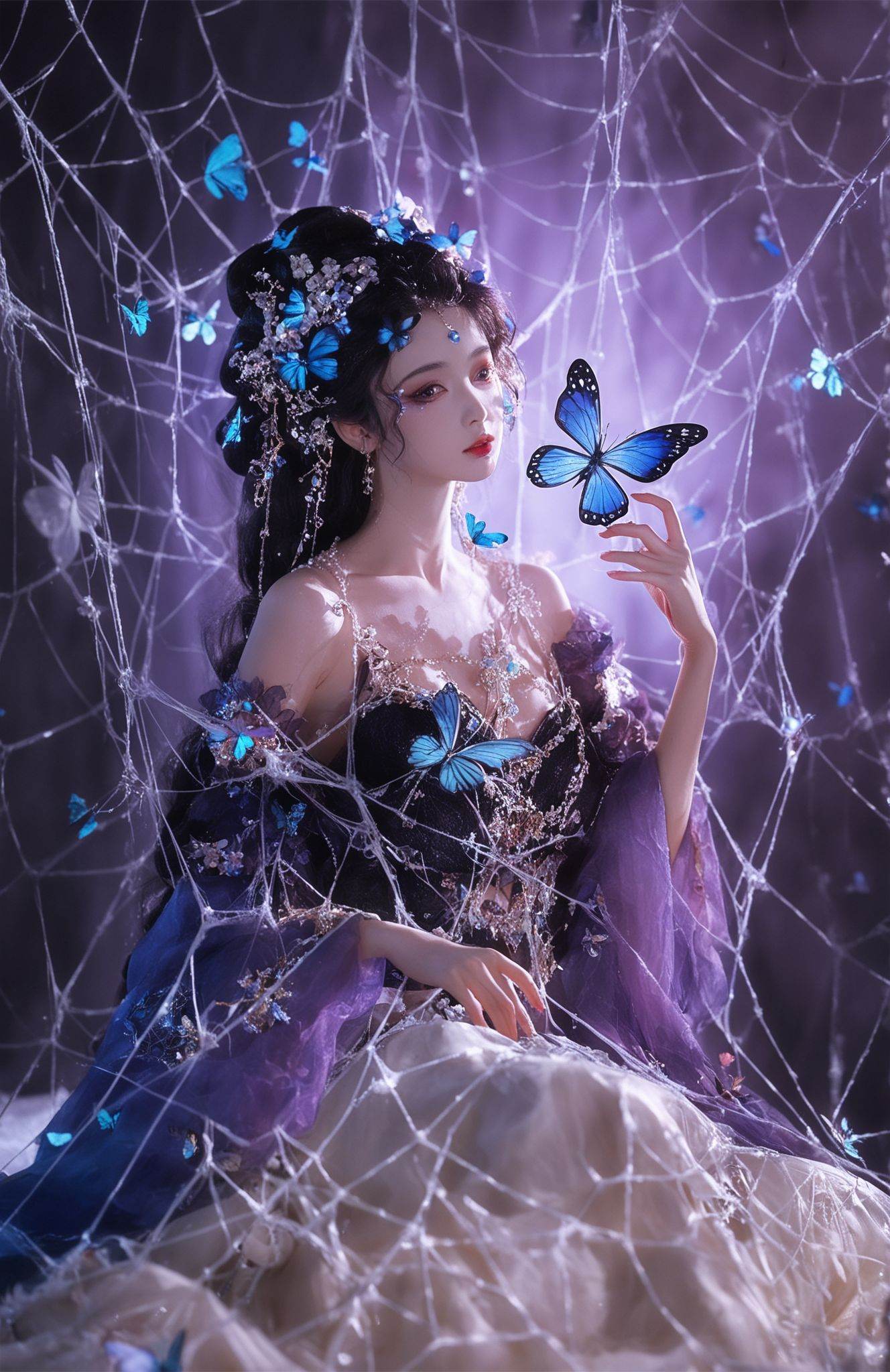 score_9,score_8_up,score_7_up,score_6_up,score_5_up,xiexinghanfu, this image captures a scene of ethereal beauty, with a figure adorned in a traditional Chinese hanfu, its layers cascading in shades of purple and blue. Intricate details, like floral embroidery and beaded accessories, speak to the garment's cultural significance. The figure is seated amidst a whimsical arrangement of spider webs and fluttering butterflies, creating a dreamlike tableau that bridges the realms of fantasy and reality. The cool blue lighting casts a mystical glow, further emphasizing the hanfu's vibrant colors and the delicate textures surrounding the figure.