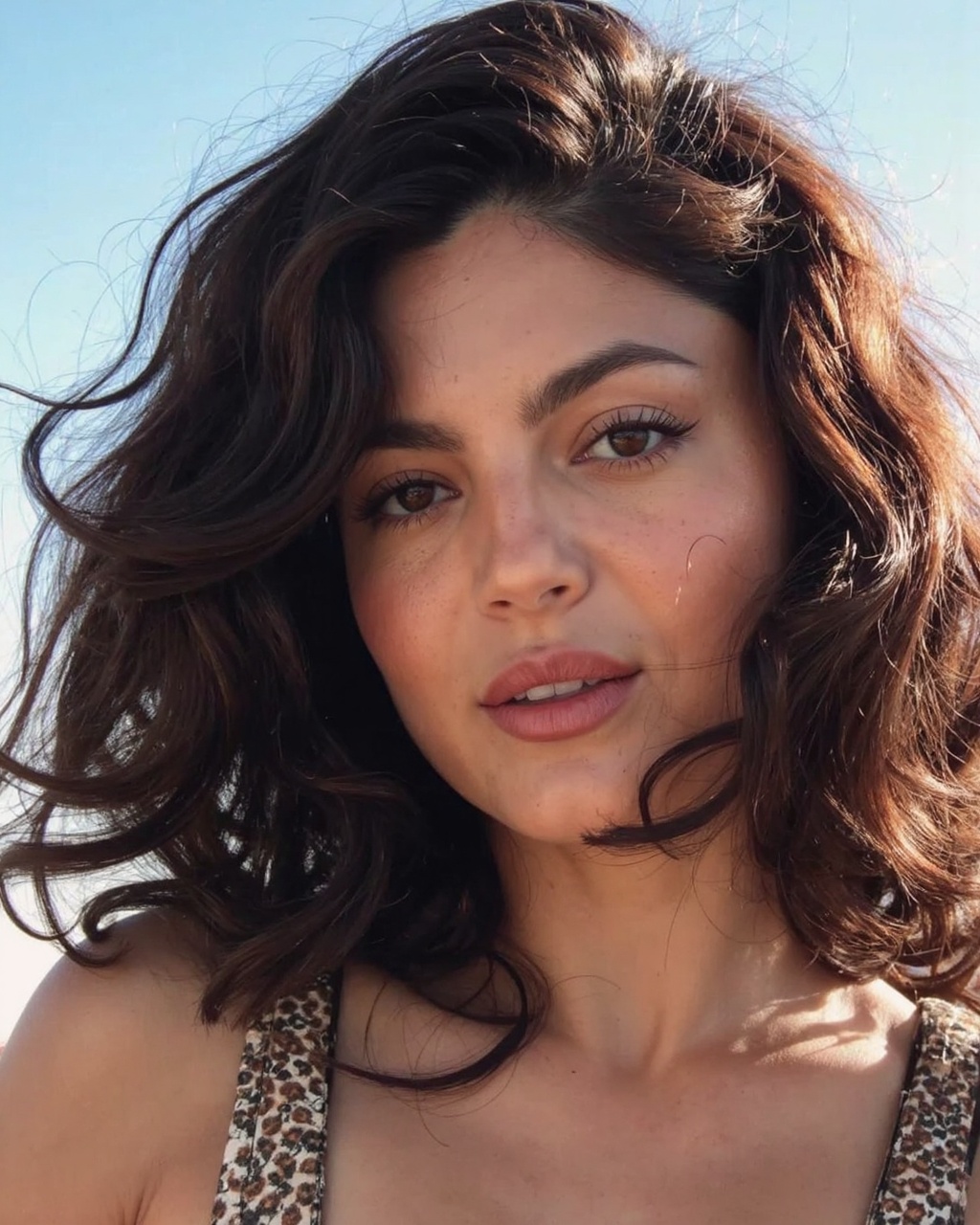 A high-resolution photograph of monica_barbaro with dark brown,  voluminous,  curly hair covering her face and shoulders....
