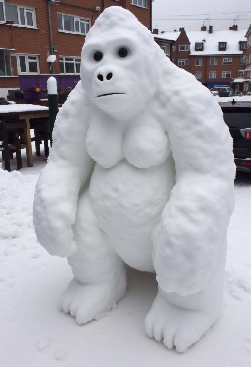 Realistic photograph of a Gorilla snow sculpture,  crafted entirely from snow. The snow sculpture's texture is uneven,  wi...