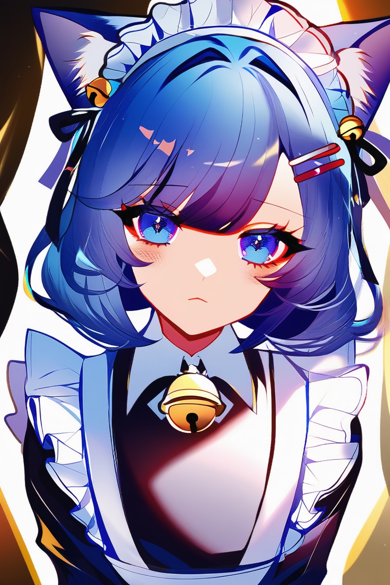 1girl,solo,long hair,looking at viewer,blush,bangs,blue eyes,simple background,hair ornament,white background,dress,bow,ribbon,animal ears,closed mouth,blue hair,frills,hairclip,cat ears,apron,black dress,collar,maid,maid headdress,sparkle,bell,detached collar,white apron,jingle bell,neck bell,maid apron,white collar,(artist:sheya:0.6),