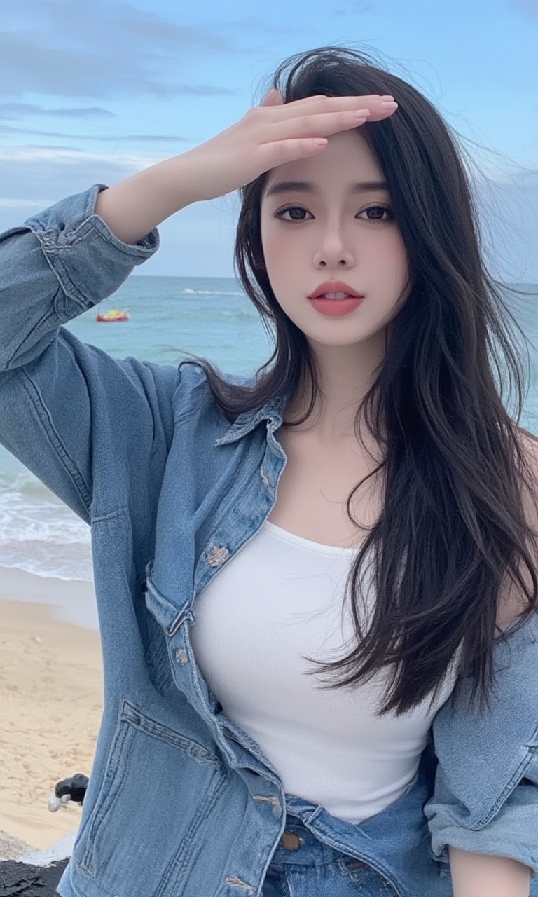 This is a high-resolution, casual half-body portrait photo. The subject of the photo is a young woman wearing a white **** top and a denim jacket, with the sleeves of the jacket rolled up. She has black hair that falls over her shoulders. Her right hand is raised, shielding it from the sun, as if she is enjoying the seaside view. The background shows a beach and the ocean, with waves crashing against the shore and a small boat moored on the beach. <lora:墨幽-Flux-Lora-网图:0.9>