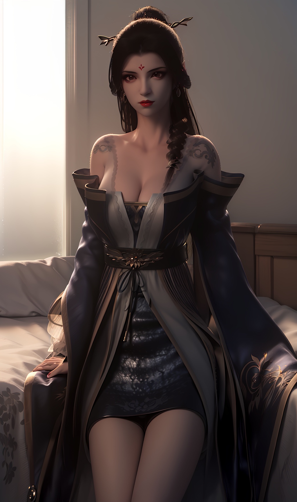 3D,masterpiece,(best quality),(makeup),official art, extremely detailed cg 8k wallpaper,((crystalstexture skin)), (extremely delicate and beautiful),(highly detailed),(face),(collar),(cleavage),(long_sleeves),(pigtail),(hairpin),(facial_mark),(tattoo),(1girl), (solo), (jewelry), (earrings),(black_hair),(long_hair),(hair_ornament),(handwear),(breasts),(standing),((upper_body)),(bare_shoulders),(closed_mouth),(off-shoulder_dress),(black_shorts_skirt),(multicolored_clothes),(multicolored_dress),(shiny_clothes),(city,outdoor,(bed)),((long_legs)),(robe),,((looking_at_viewer)),((Facing the camera)),, <lora:hipoly3DModelLora_v10:0.3>