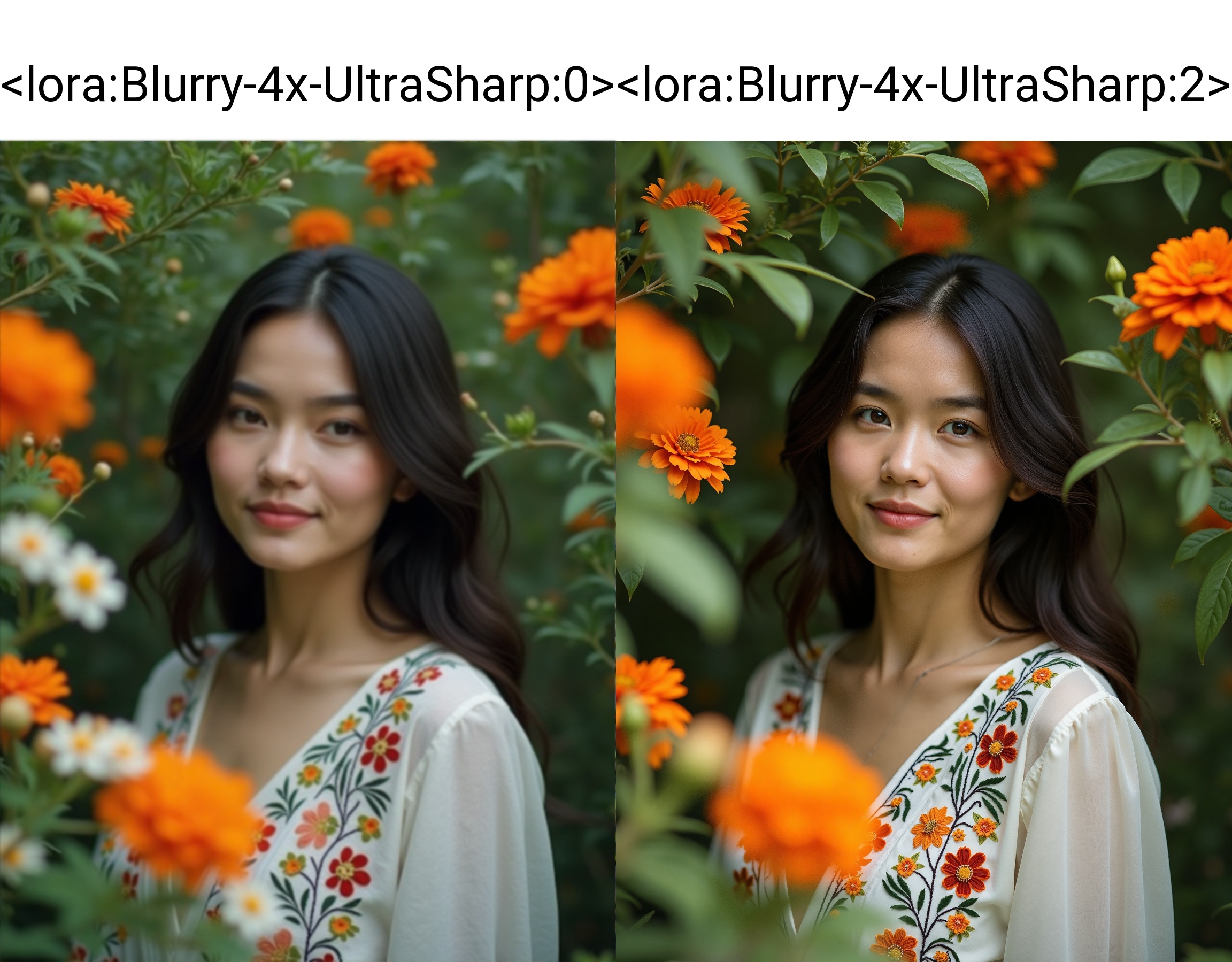 A woman stands amidst lush,  green foliage,  framed by vibrant orange and white flowers. Her dark hair contrasts with her...