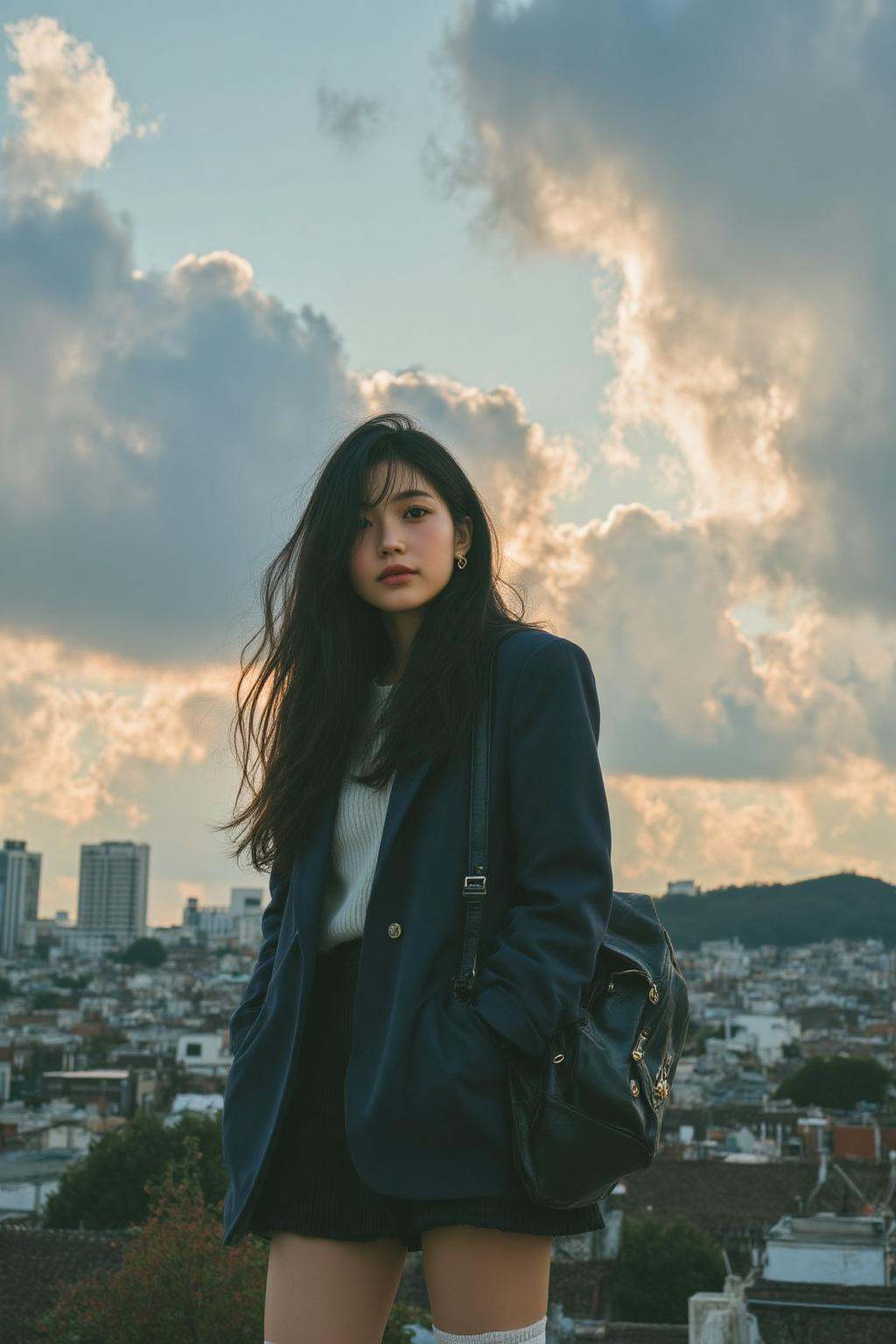 midjourney analog photograph. A low-angle view of a Japanese high school girl with long,  flowing black hair,  standing co...