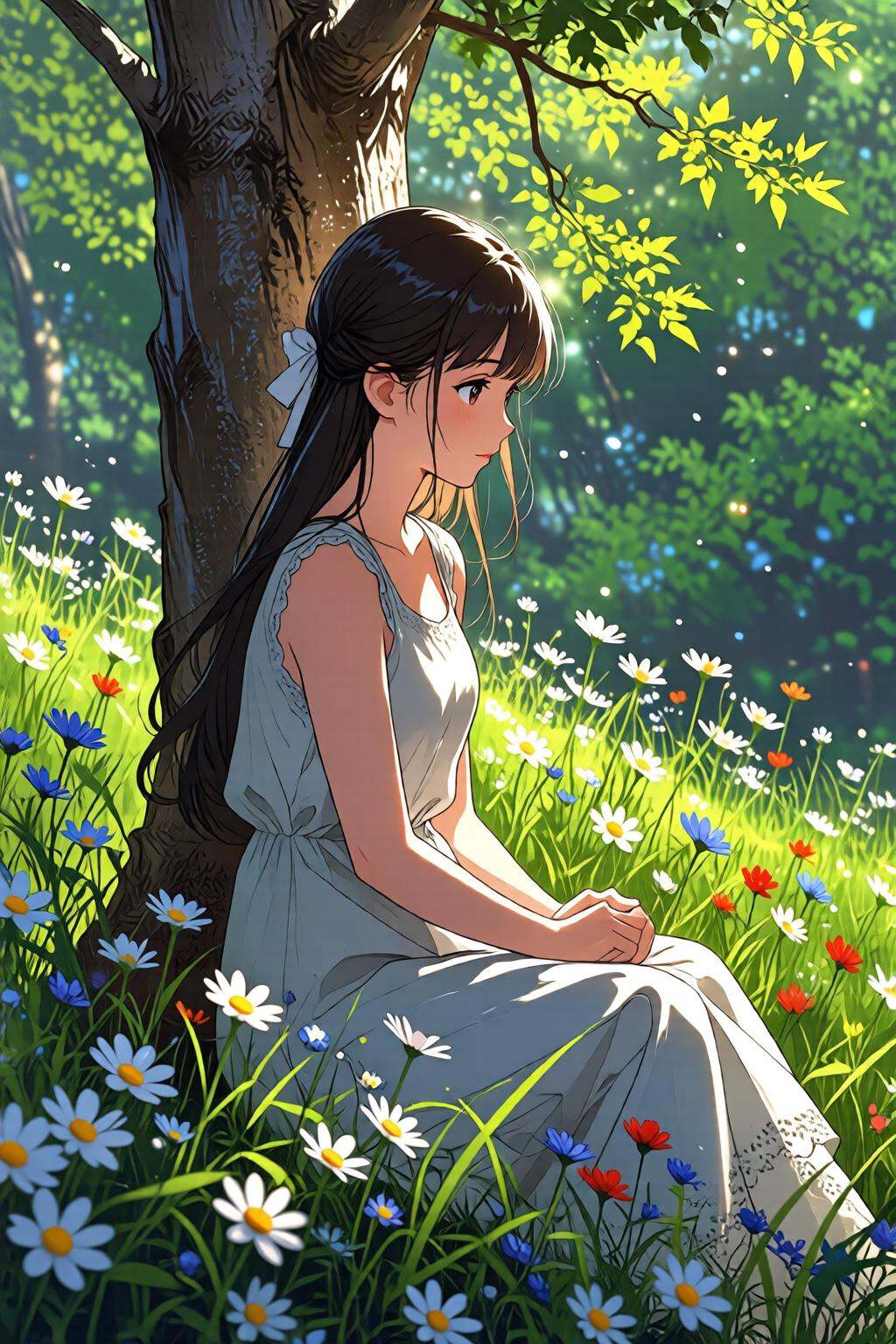 nijidigital3q anime illustration.A girl,  shown in side profile,  is sitting on the ground next to a tree. She is wearing...