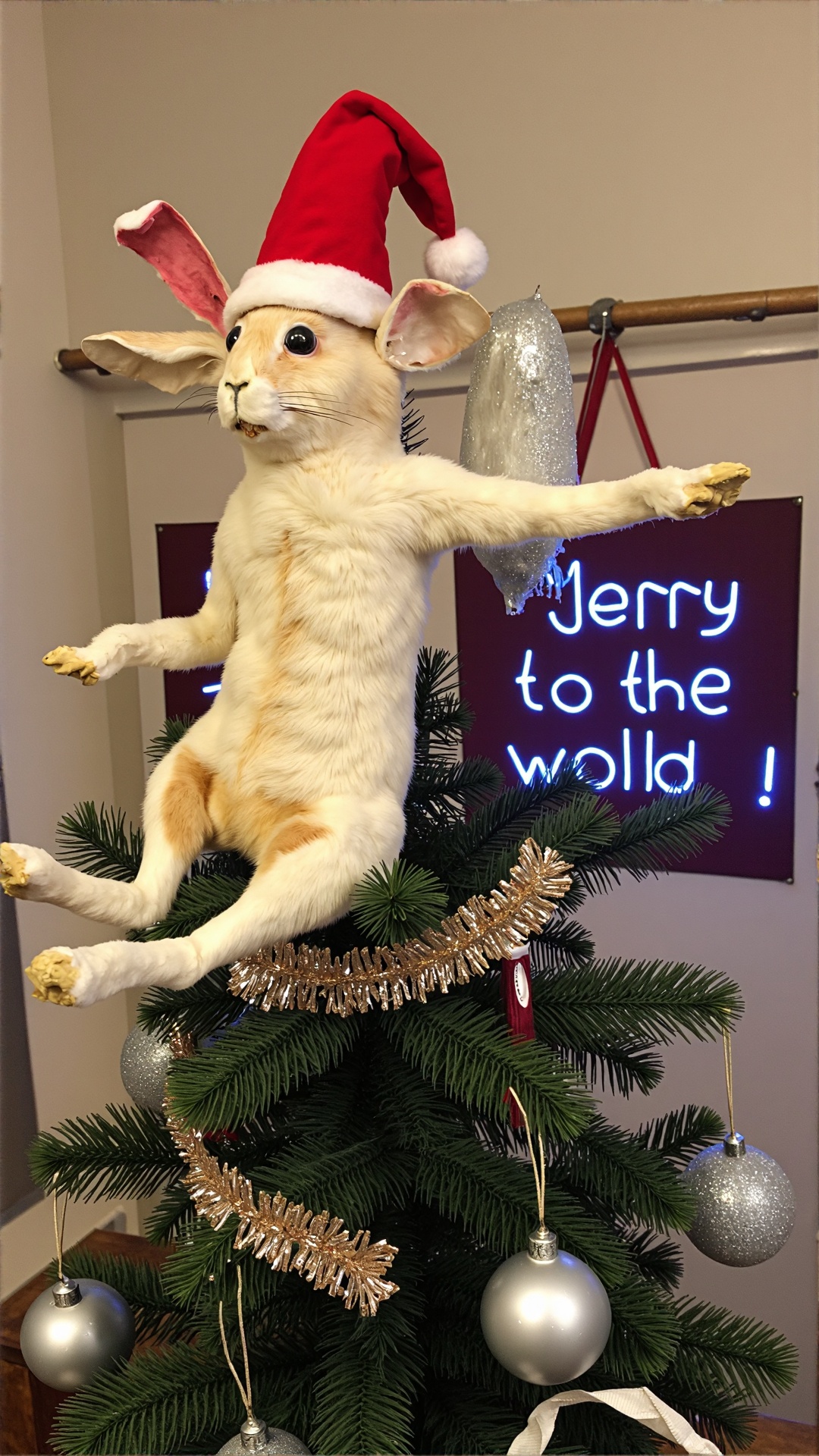 A photo of a A decrepit Arctic hare sits atop a kitschy,  glittery Christmas tree,  wearing a Santa hat askew on its defor...