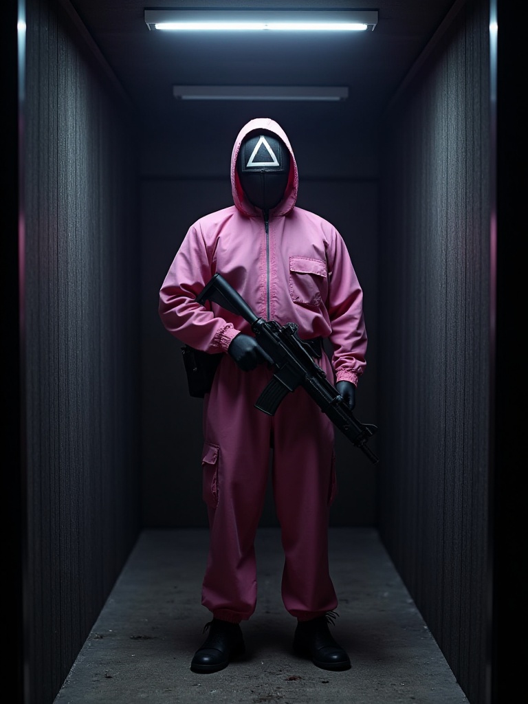 Squid Game,  Title text: "Squid Game: The Steadfast Guard" | Text: "Maintaining Order with Iron Fist" | Visuals: A pink-su...