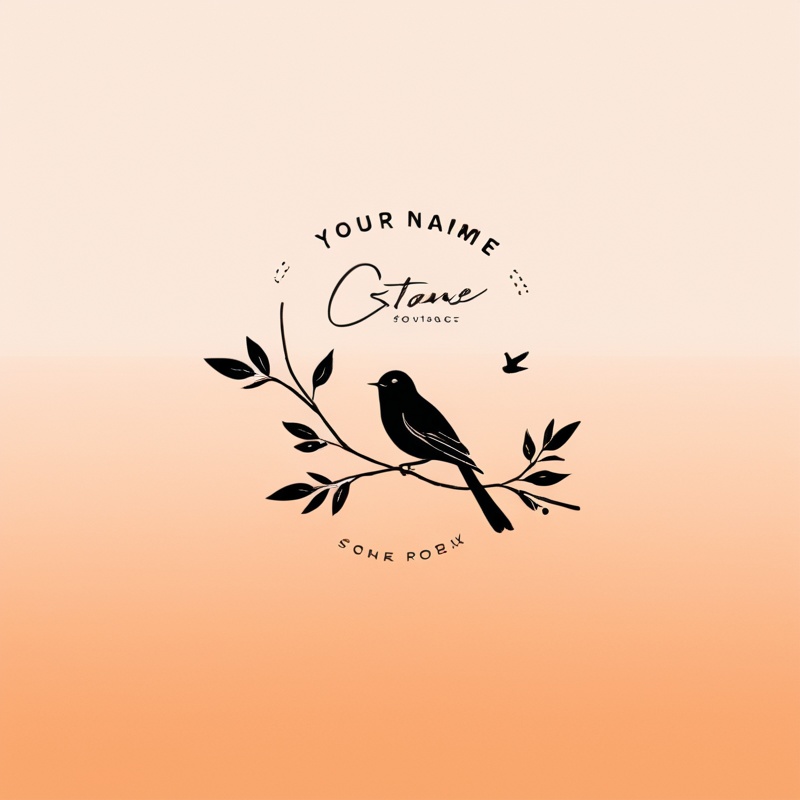 black and white logo, bird perched on a branch with leaves, "your name" in cursive font below, minimalist style, clean lines, geometric shapes, black, white, orange colors, gradient orange and brown background, natural light from top left, soft shadows,<lora:aki-INs网红图标-000008:0.8>,