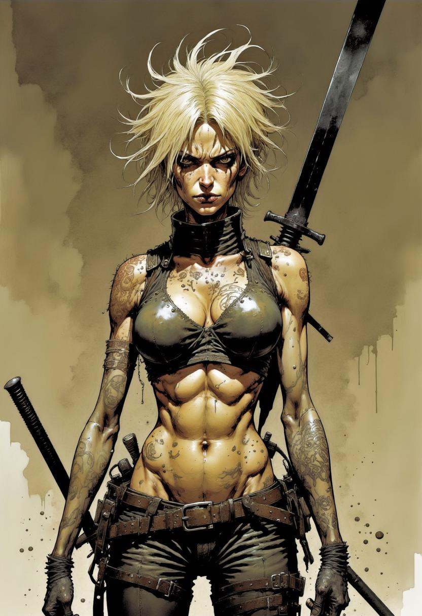 This is a highly detailed,  digital drawing in a dark,  gritty style. The subject is a muscular on Tensor.Art