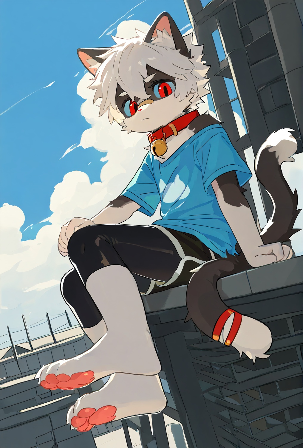 cat boy,1boy,solo,male_focus,(white_hair:0.8),red eyes,[bell on collar,Collar,Cortical collar,Large collar],(blue t-shirt,black_leggings under shorts,black bike_shorts),(barefoot) BREAK dutch angle,vanishing point,sitting on rooftop,(blue sky,cloud,wind),(masterpiece, best quality:1.1),foot focus,bandage on nose,bandage on leg,Tail decoration,cat tail,PVC Style,bare_shoulder,body fur,furry,