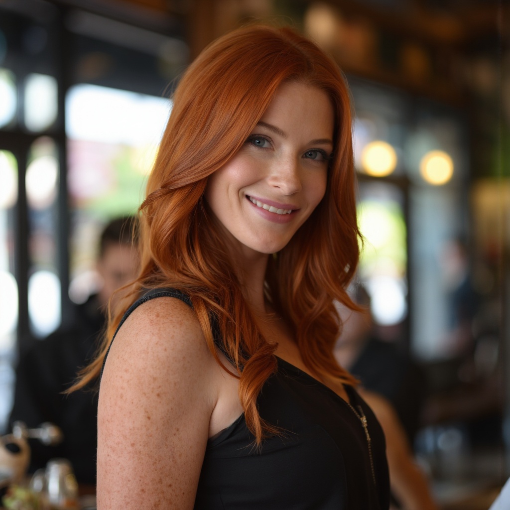 beautiful detailed photograph of bridget_regan,  red hair cascading over her shoulders,  wearing a dress on Tensor.Art