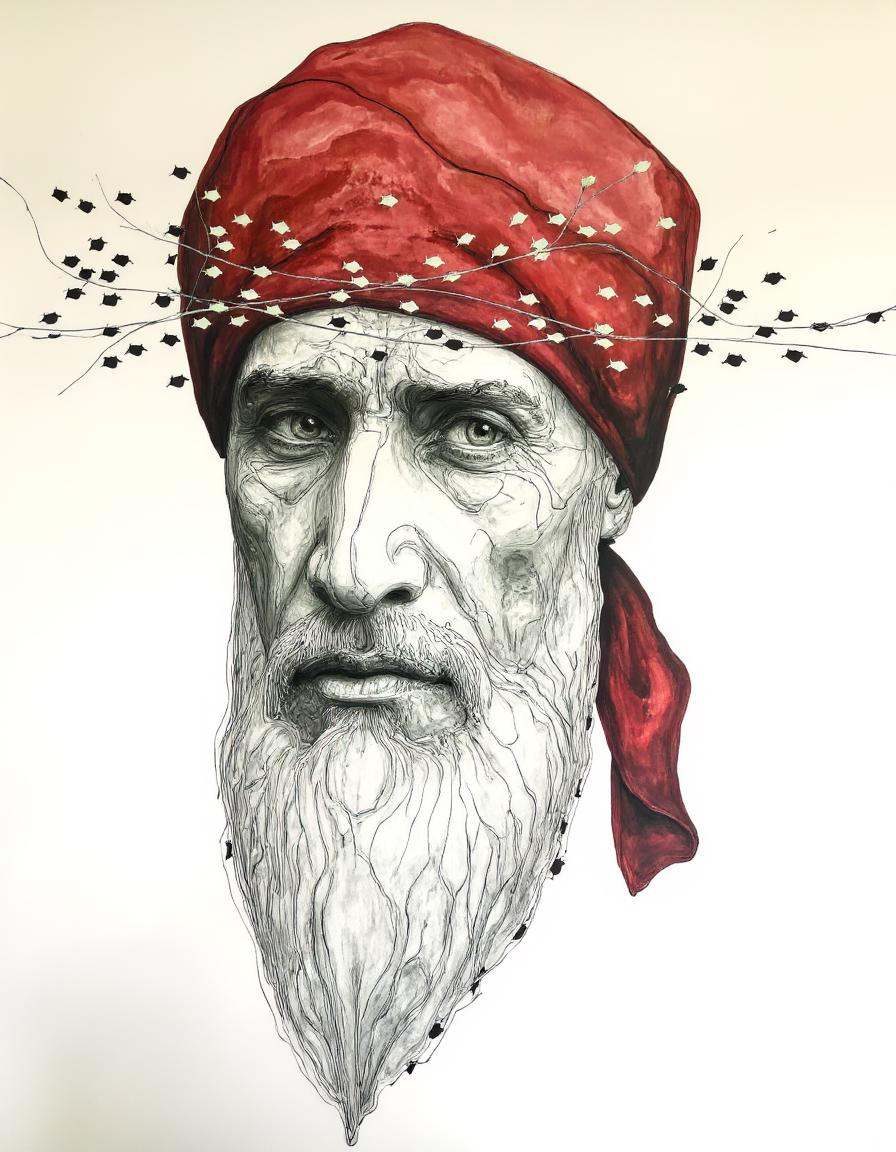 Chris Luha art.This is a highly detailed,  realistic drawing of an elderly man with a long,  flowing beard and mustache on...