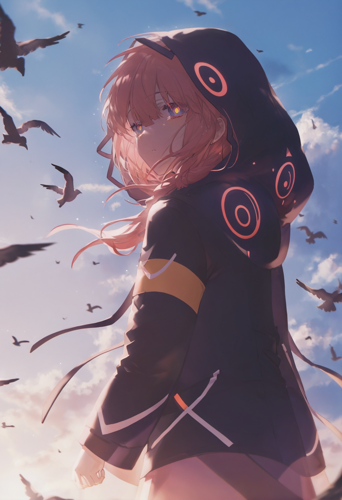 masterpiece,best quality, score_9,score_8,score_7_up,score_6_up,kaf \(kamitsubaki studio\), 1girl, solo, hood, yellow pupils, multicolored eyes, virtual youtuber, pink hair, sky, bird, outdoors, hood up, cloud, hooded jacket, long sleeves, blue eyes, tears <lora:konyakarasueXLlokr4f-000140:0.95>