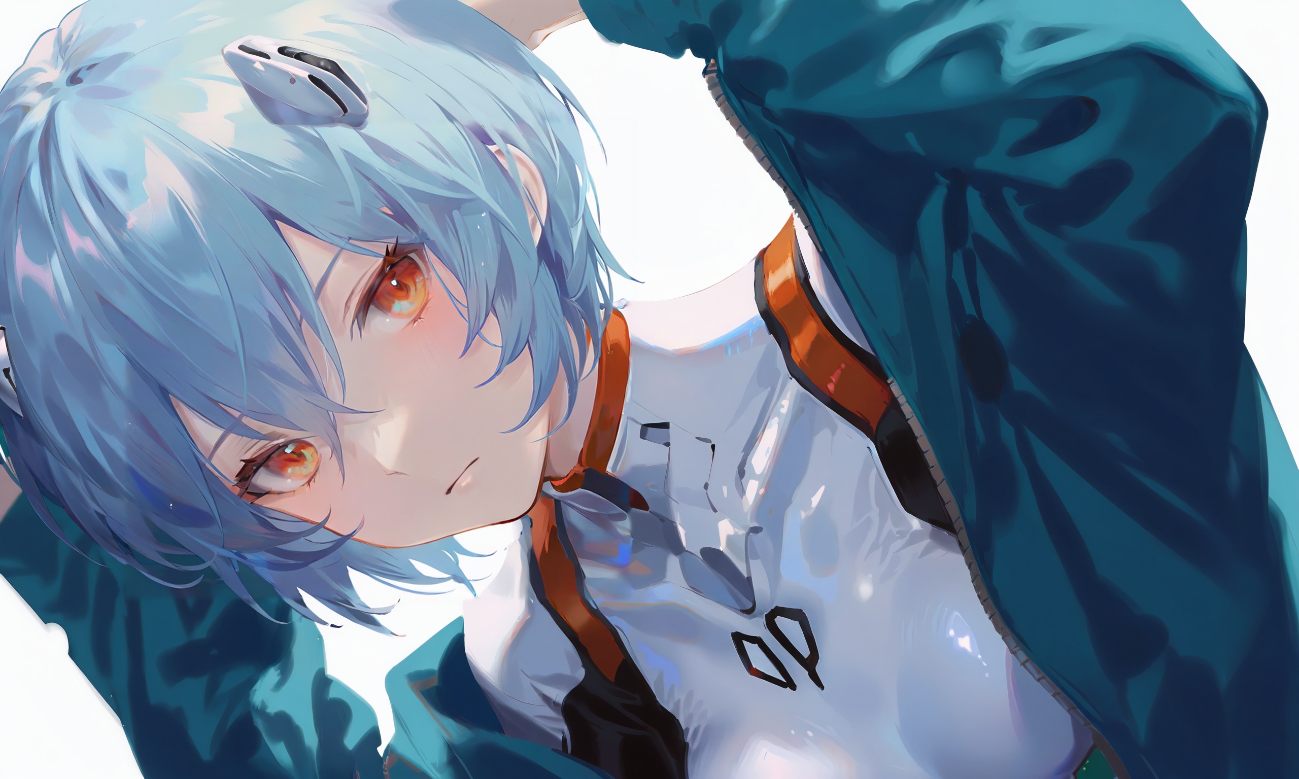 ayanami rei, solo, 1girl, red eyes, simple background, short hair, white background, closed mouth, hair between eyes, bodysuit, looking at viewer, blue hair, upper body, plugsuit, expressionless, interface headset, jacket very aesthetic, masterpiece, absurdres