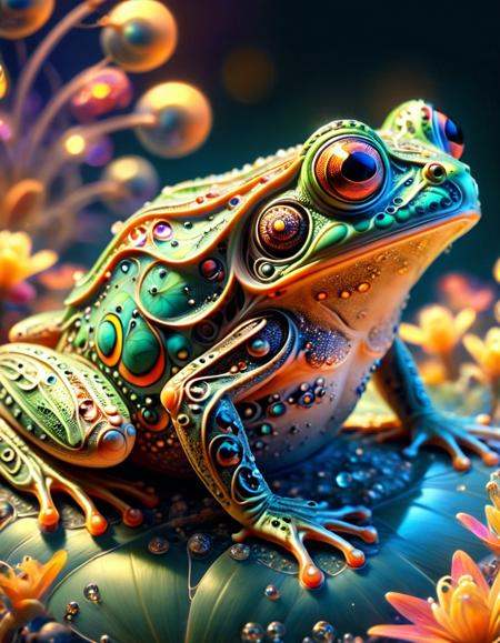 macro photo, a beautiful frog, glowing lights, beautiful magical sparkles, vibrant whimsical colors <lora:ral-frctlgmtry:1> ral-frctlgmtry
