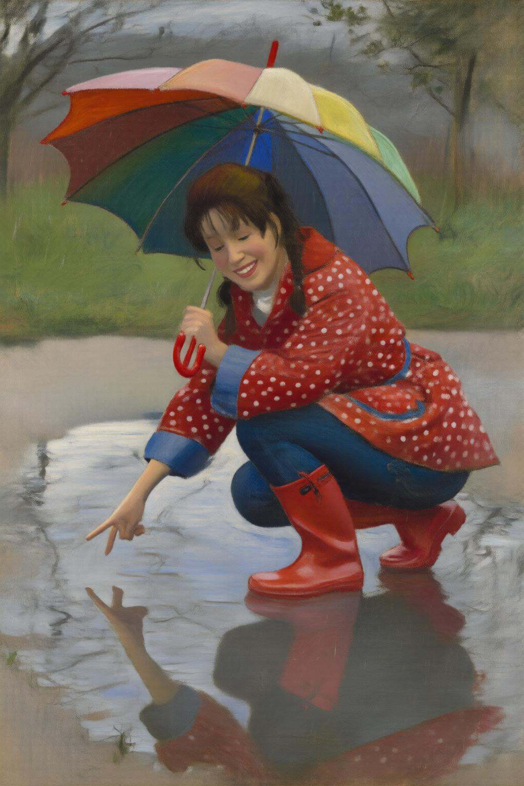 claudemonet2q painting. A young woman,  angled from slightly above and to the right,  crouching low to the ground in a pud...