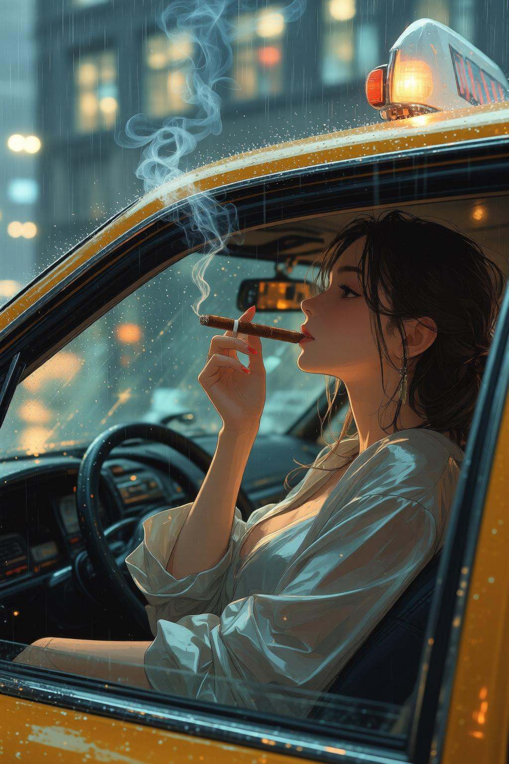 nijimix6q anime style illustration.silmas. A woman smoking wearing a rumpled silk blouse lounges in a taxi cab,  her refle...