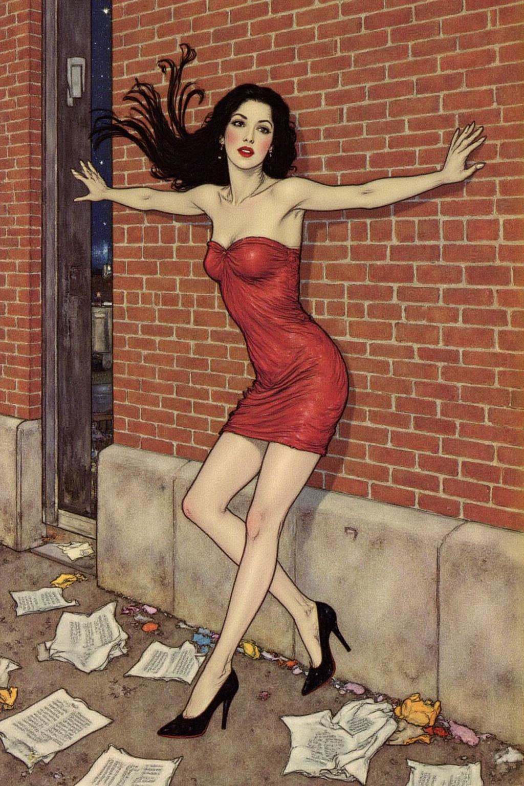 dulac1 illustration. A woman leaning against a brick wall,  set in an urban environment. She has long black hair flowing l...