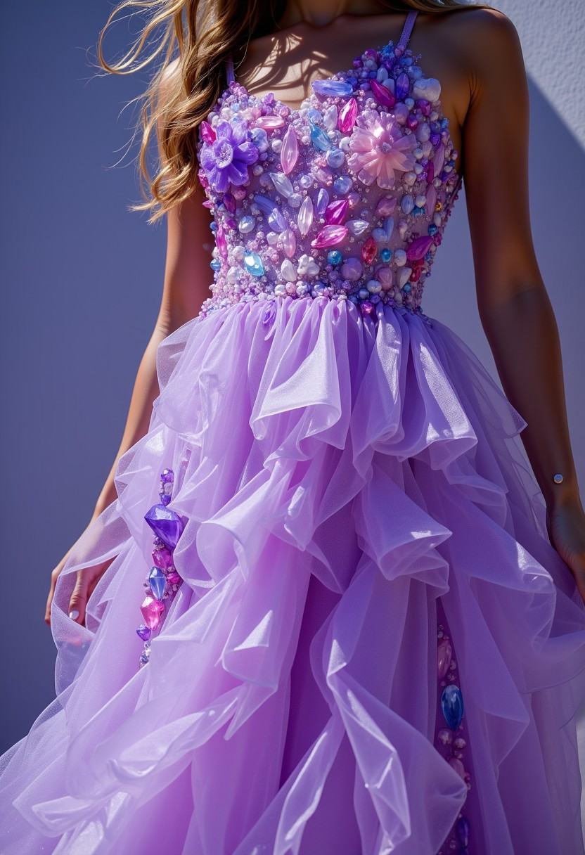 close up shot beautiful faceted transparent lavender color crystal dress which a woman wears with crystals looking out of...