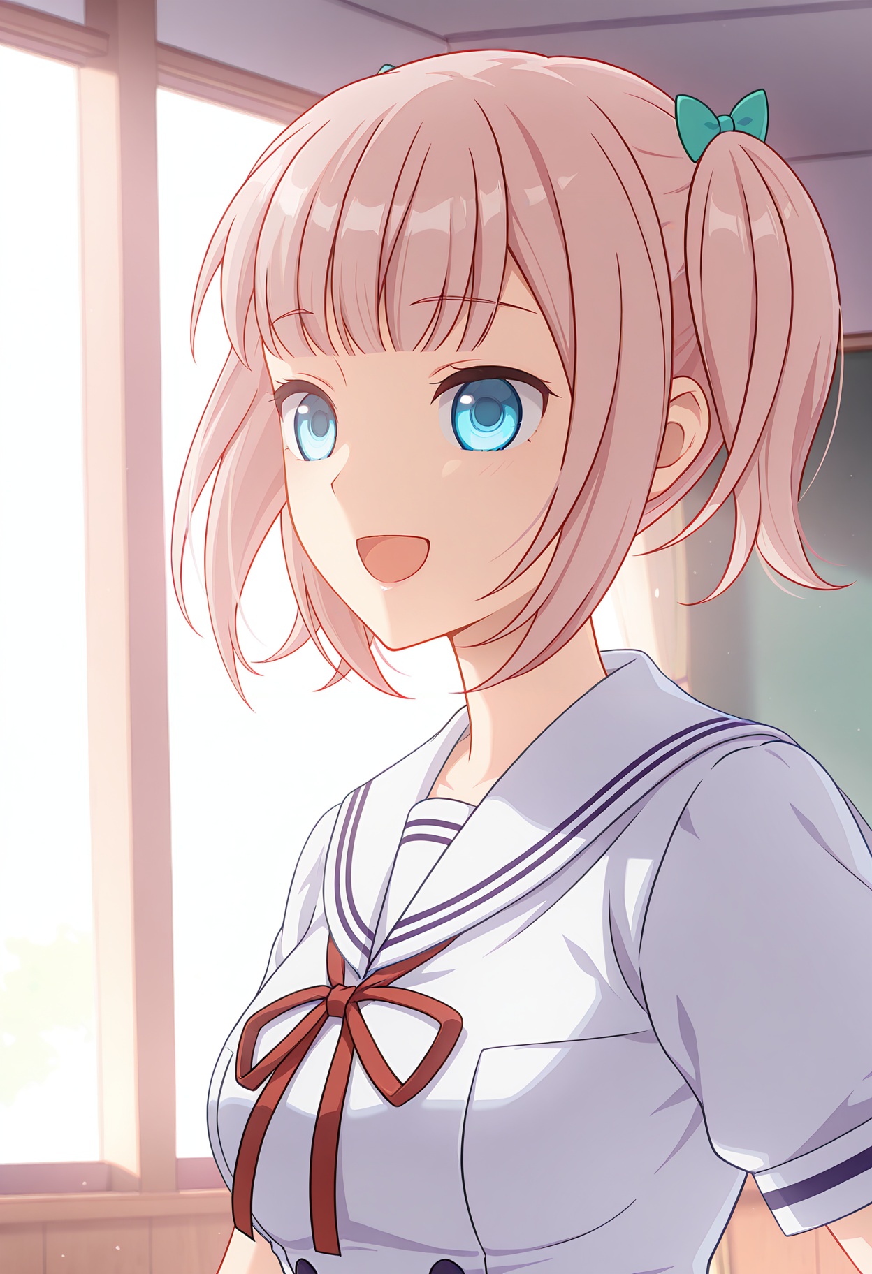 <lora:Moeha FUJIWARA_illustrious-000058:1>,1girl,solo,Moeha FUJIWARA,solo,smile,open mouth,:d,school uniform,ribbon,upper body,white dress,