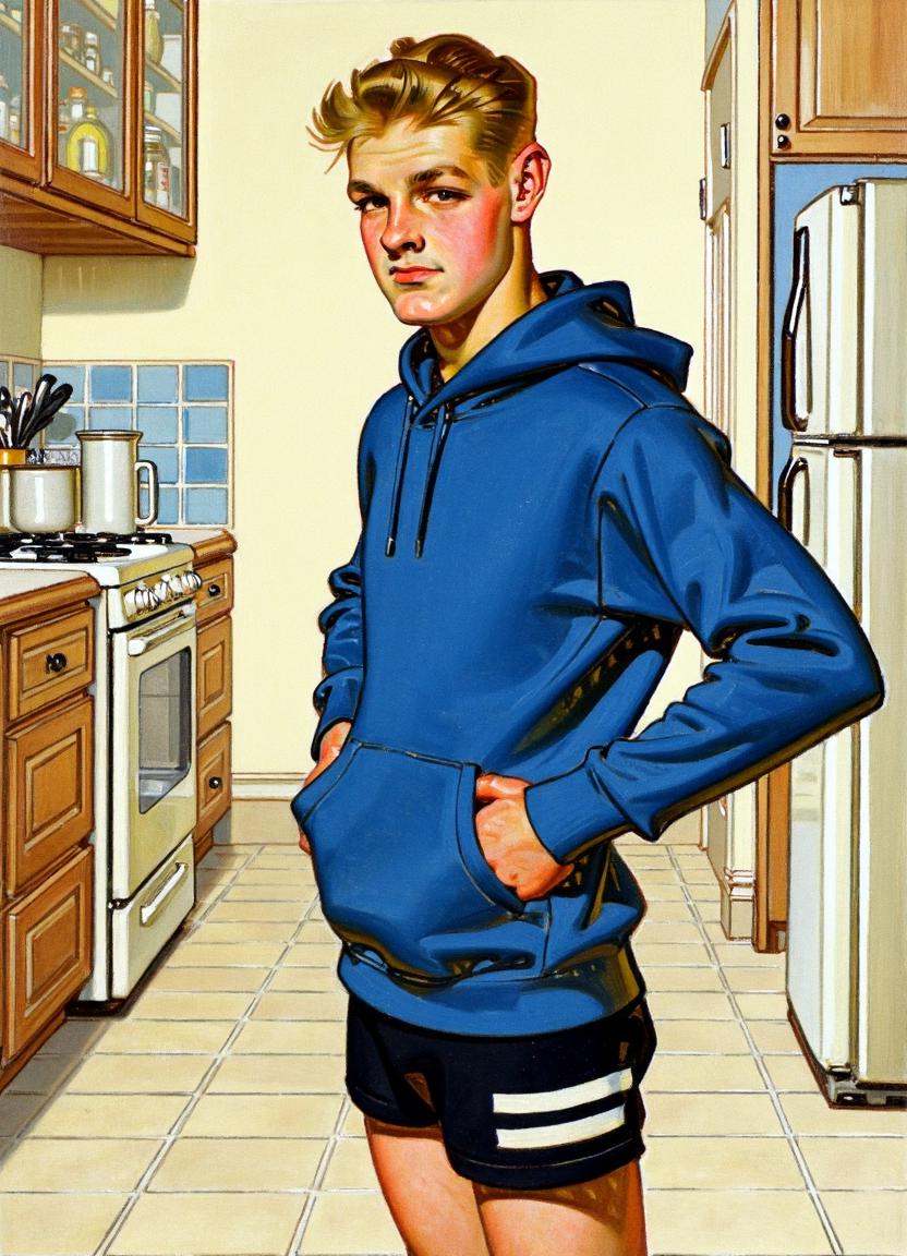 Cartoon illustration by J.C. Leyendecker of a portrait of a young man standing in a kitchen. He has short blonde hair. He'...