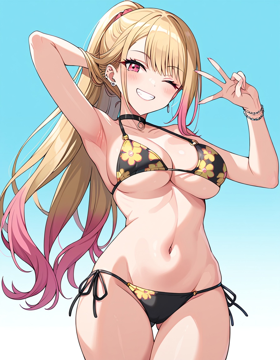 kitagawa marin,  View from the front. A young girl with long pink twintails hair and big red eyes is posing in a revealing...