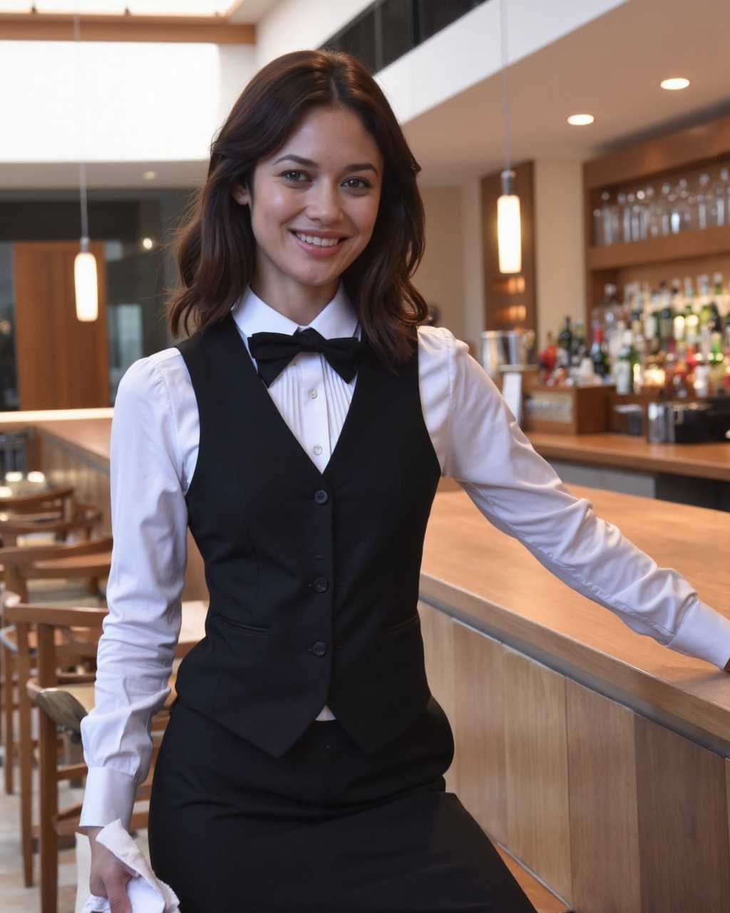 olga_kurylenko standing behind a wooden bar counter in a modern,  upscale restaurant. She has long,  wavy brown hair and a...