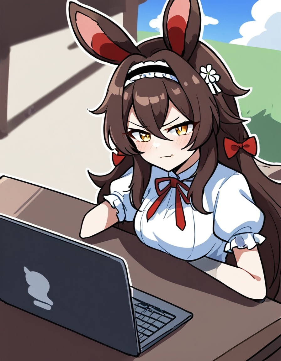 zmgwshnmspfd, 1girl, baron bunny \(genshin impact\), genshin impact,dre,zmgwshnmspfd, brown hair, hair ribbon, long hair, ribbon, hair between eyes, red ribbon, breasts, brown eyes, medium breasts, hairband, yellow eyes, laptop, outdoors, very long hair, animal ears, sitting, black hairband, alternate costume, closed mouth, sky, puffy sleeves, puffy short sleeves, smile, cloud, solo, short sleeves, blue sky, computer, looking at viewer, white dress, blush, rabbit ears, day, fake animal ears<lora:zmgwshnmspfd:1>​​​