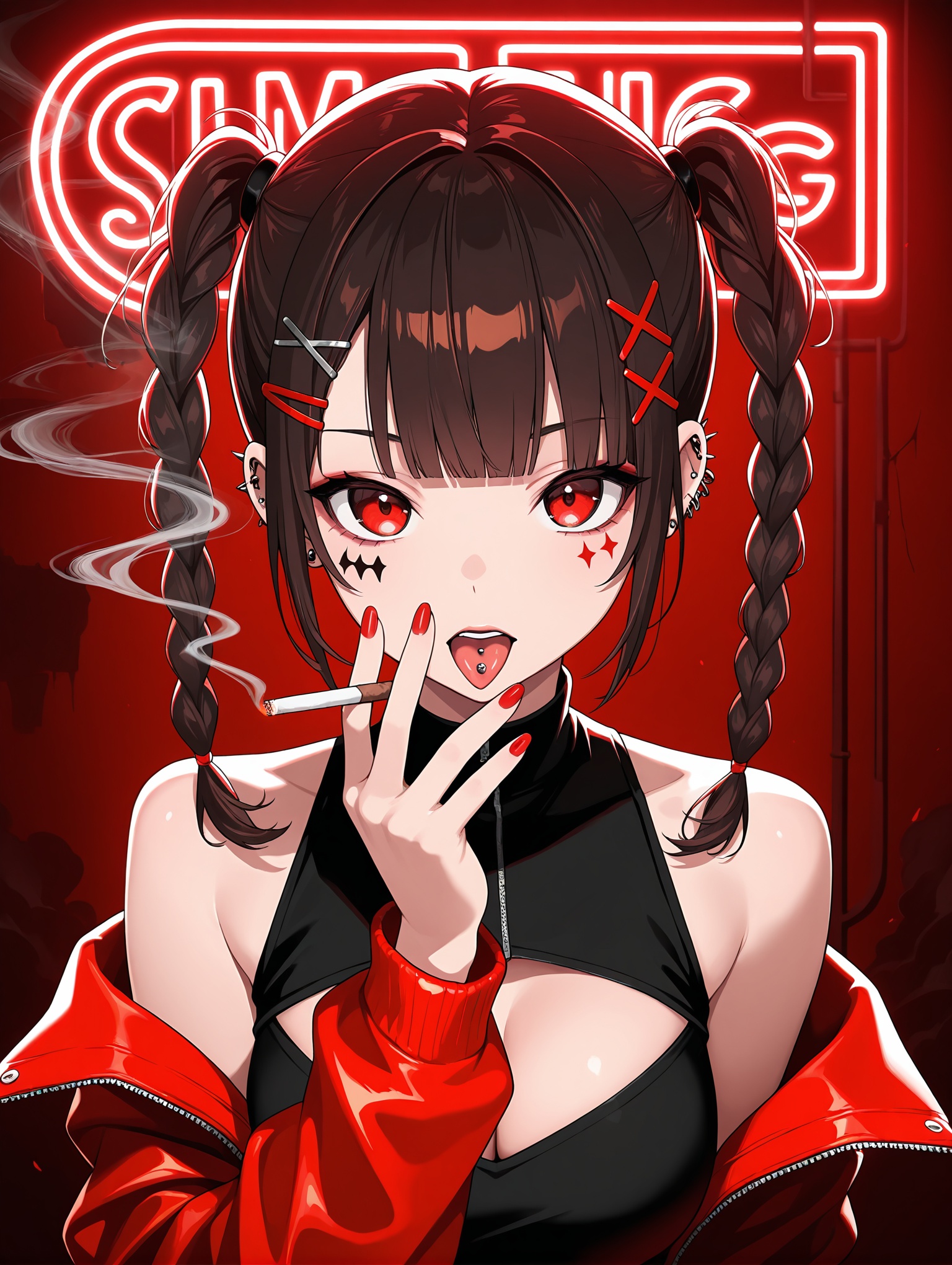 1girl,solo,tongue out,tongue,cigarette,holding,red eyes,tongue piercing,looking at viewer,hair ornament,holding cigarette,braid,twin braids,neon lights,bare shoulders,long hair,cleavage cutout,jacket,piercing,red jacket,blunt bangs,clothing cutout,black hair,red nails,x hair ornament,upper body,breasts,off shoulder,nail polish,fingernails,cleavage,twintails,brown hair,hand up,facial mark,ear piercing,straight-on,red theme,red background,hairclip,smoke,long sleeves ,masterpiece,best quality,amazing quality,