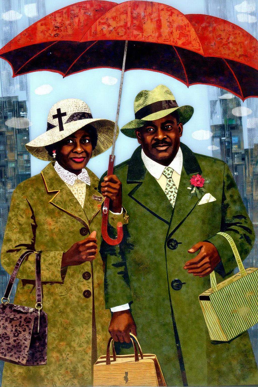 mixed media collage. a collage of two figures,  a woman and a man,  are depicted. The woman is wearing a white hat with a...