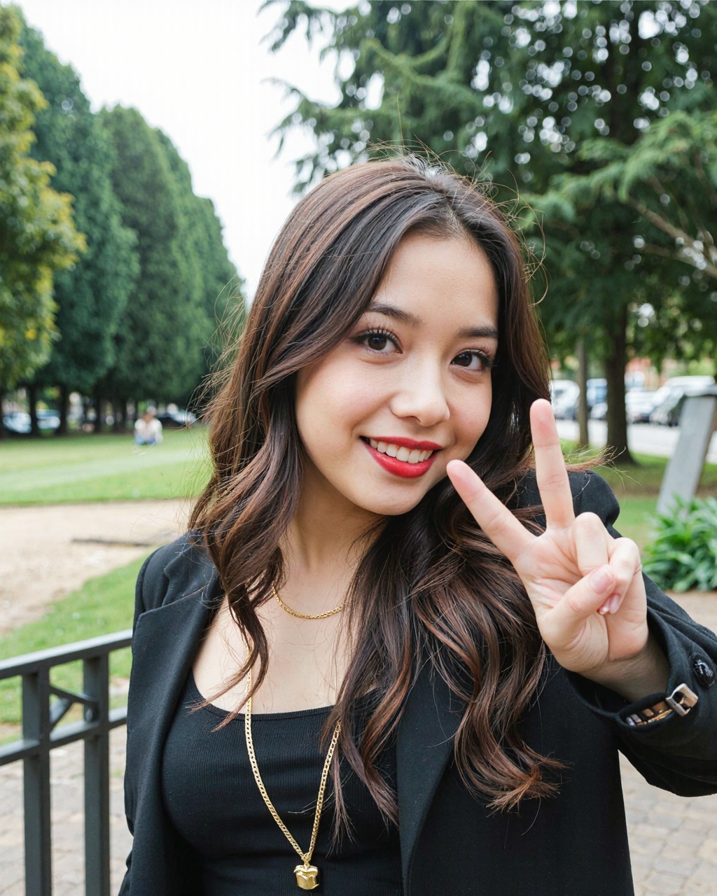 The photograph captures a young Asian woman posing outdoors in an urban setting. She has long,  wavy dark brown hair casca...