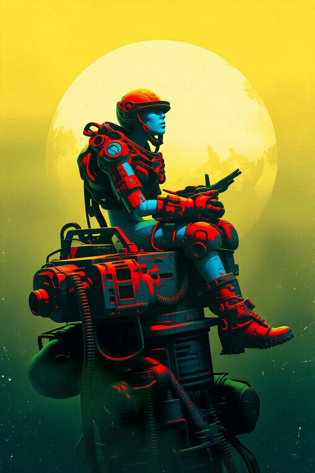 pascalblanche2q illustration.An android with blue skin is seated on a complex mechanical apparatus. He is wearing a red an...