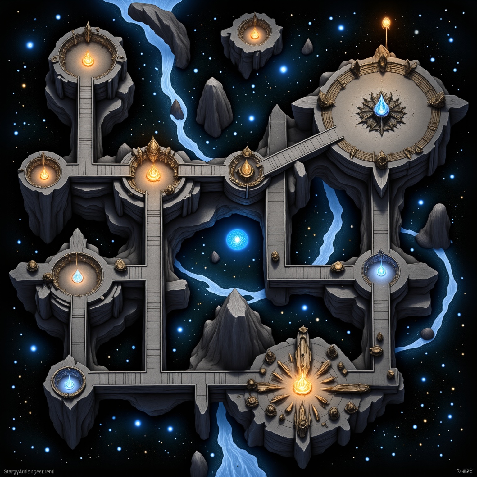 A top-down map of a floating arcane library made of hovering stone platforms connected by magic bridges,  with open tomes,...