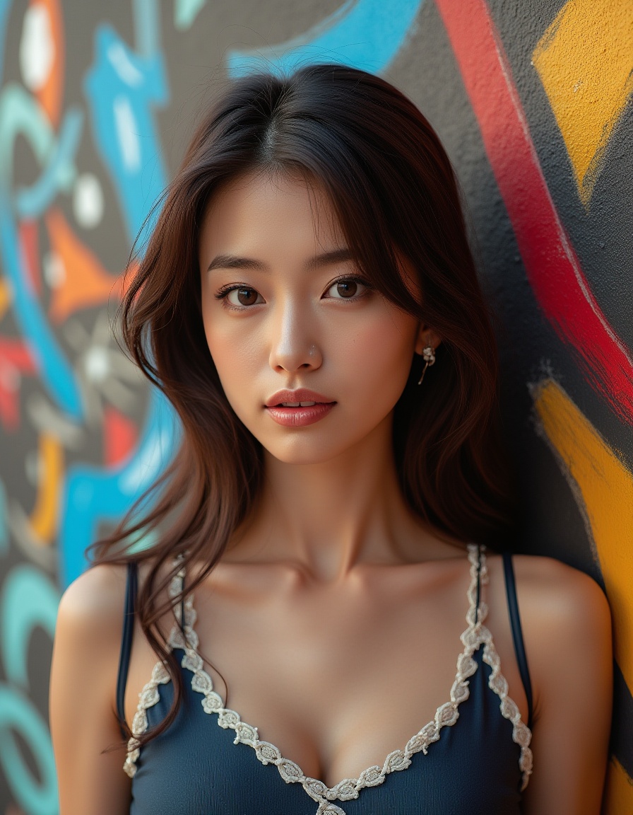 Photorealistic image of a woman,  "A woman with a playful spirit poses in front of a mural,  her pose mirroring the artwor...