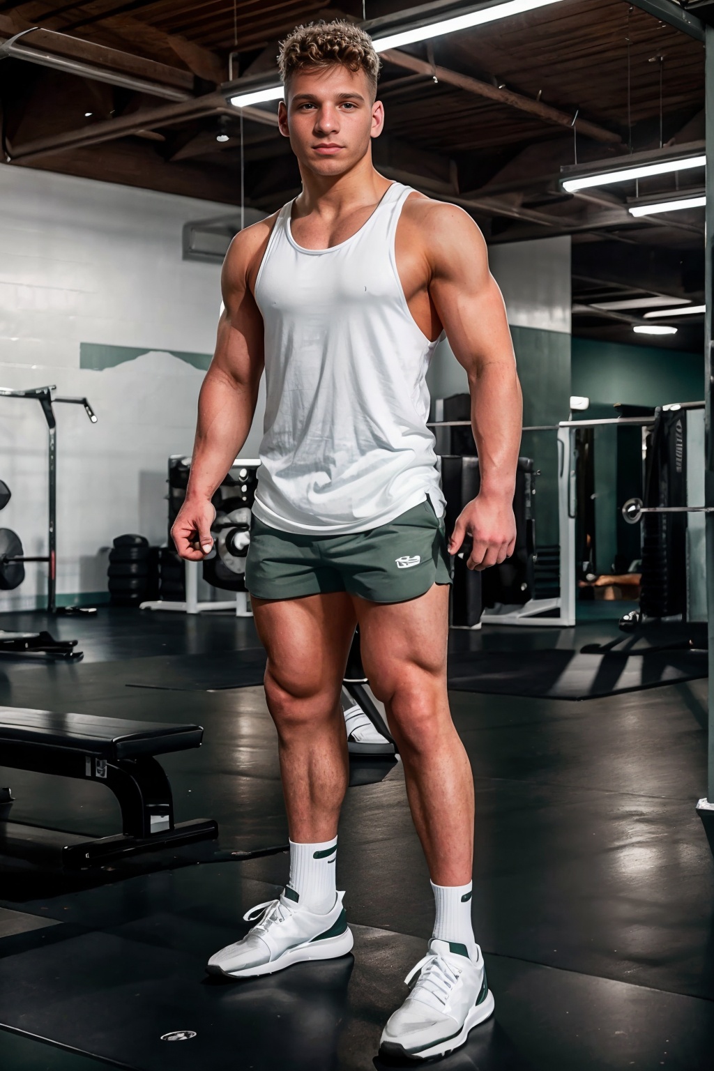 modern gym,  high ceiling,  weight machines in the background on Tensor.Art