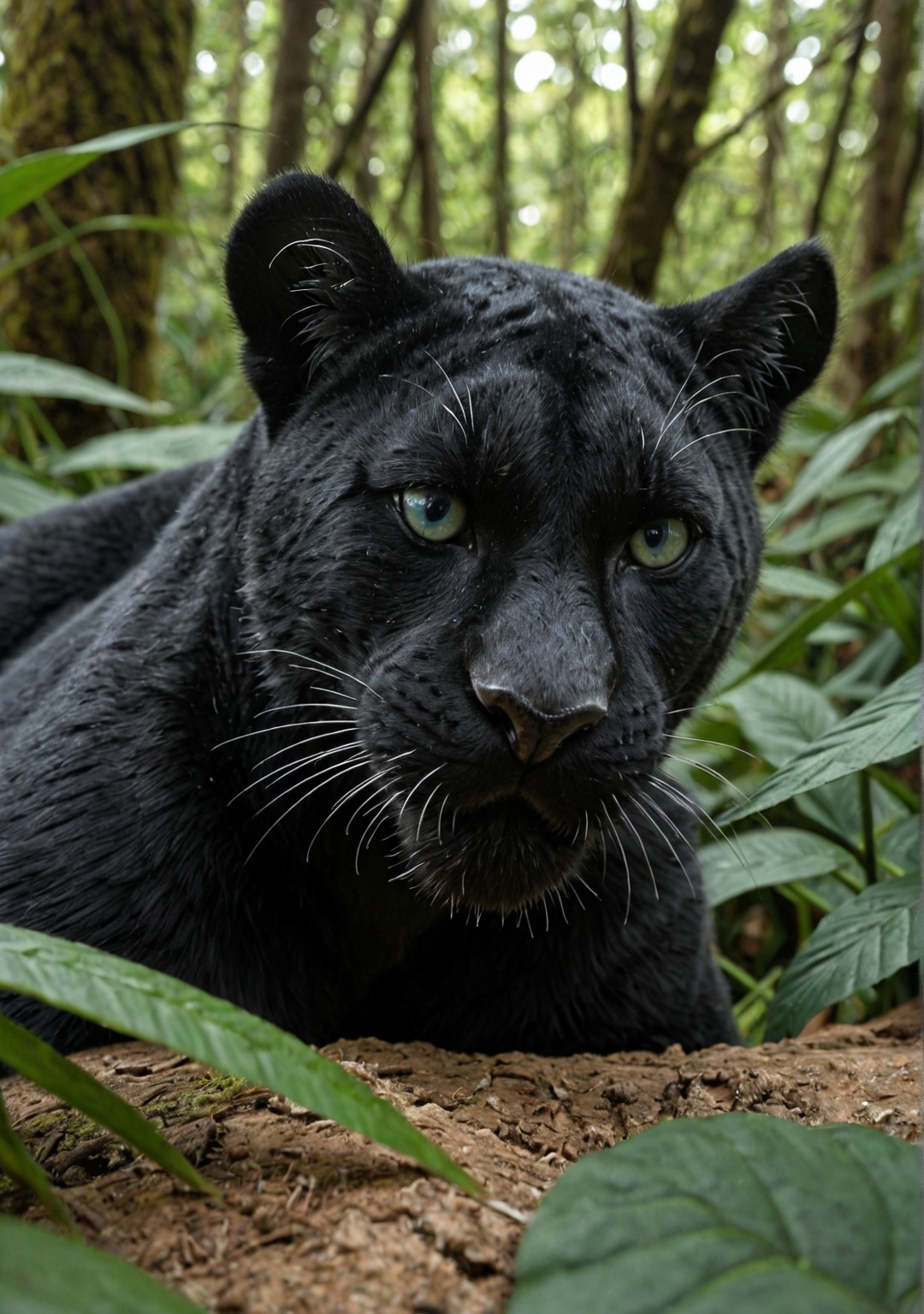 Extreme close-up shot of a macro lens capturing a mini black panther cub with crystal blue eyes with a hint of green,  sit...