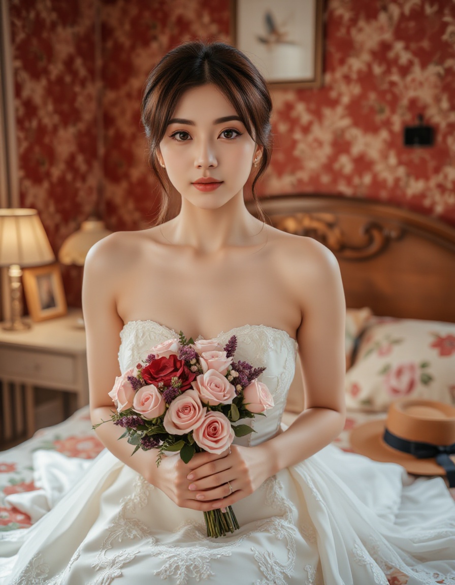 A high-quality photograph of a young asian woman with fair skin and delicate features,  wearing a strapless white wedding...