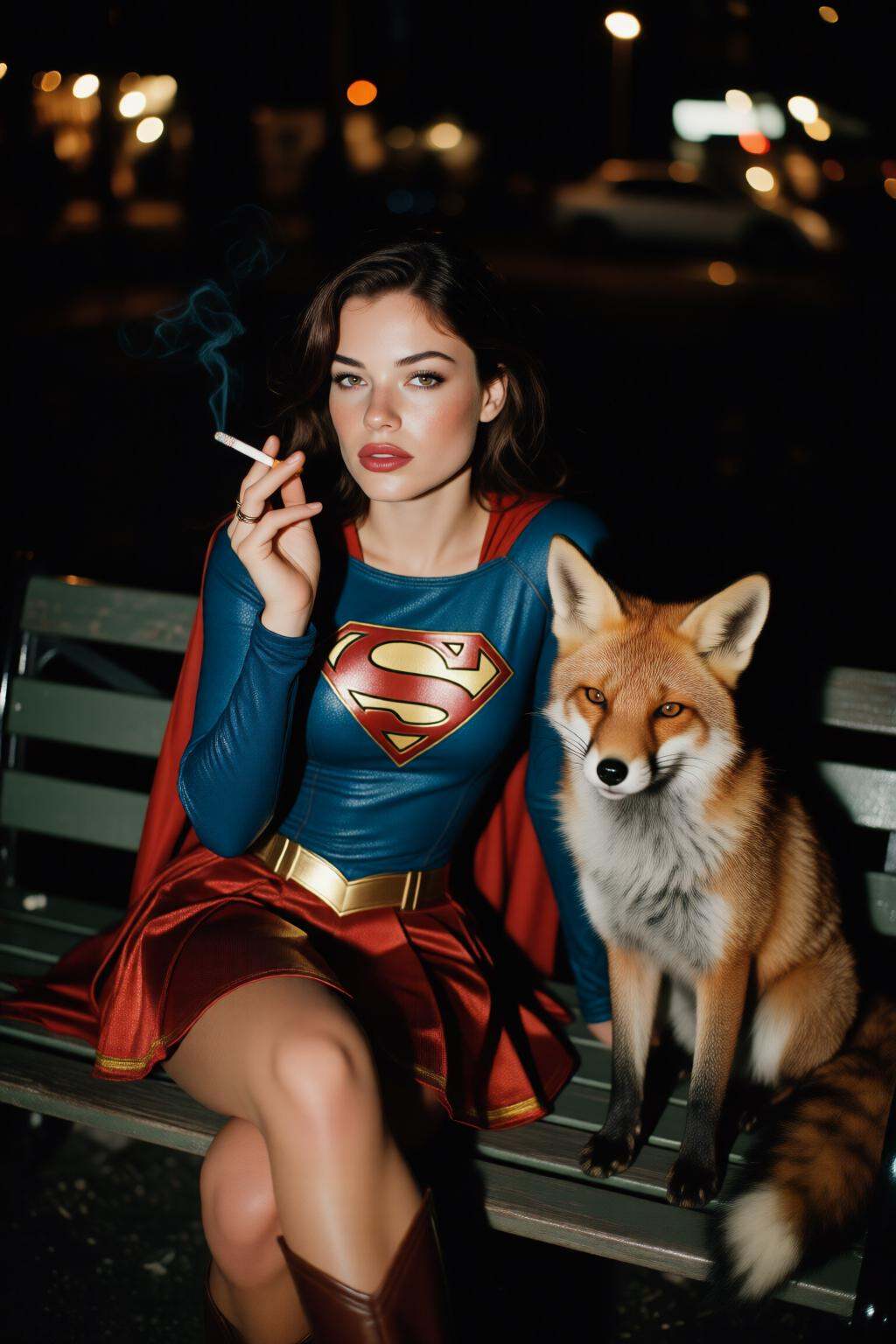 midjourneyhighangle13q High angle view.Close-up of a woman dressed as Supergirl,  sitting on a park bench at night. She is...