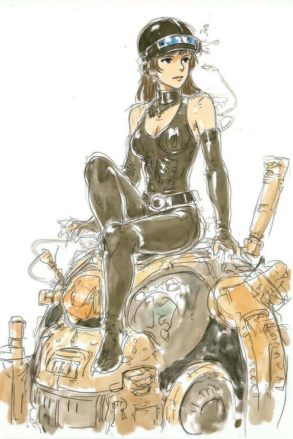 hayaomiyazaki2 illustration.A striking,  futuristic scene depicts a woman dressed in sleek,  form-fitting leather attire o...