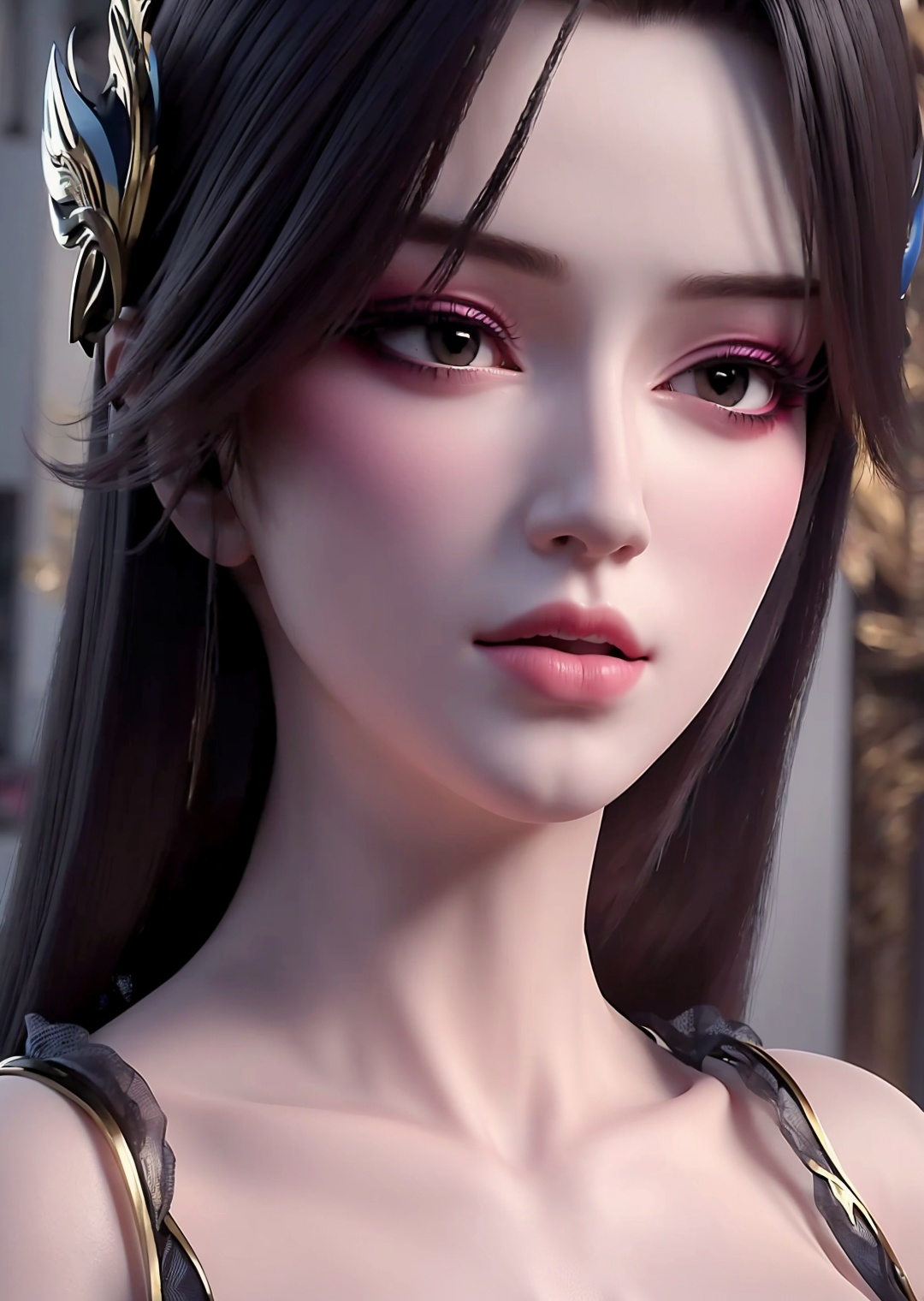 1girl,solo,long hair,black hair,brown eyes,eyelashes,eyeshadow,makeup,lipstick,(closed mouth),happy,(hair ornament),dress,looking at viewer,face focus,outdoors,((nature)),((sunlight)),((glowing)),portrait,blurry background,depth of field,Highly detailed,(ultra-detailed),(best quality:1.5,masterpiece:1.5),<lora:caoying:0.8>,