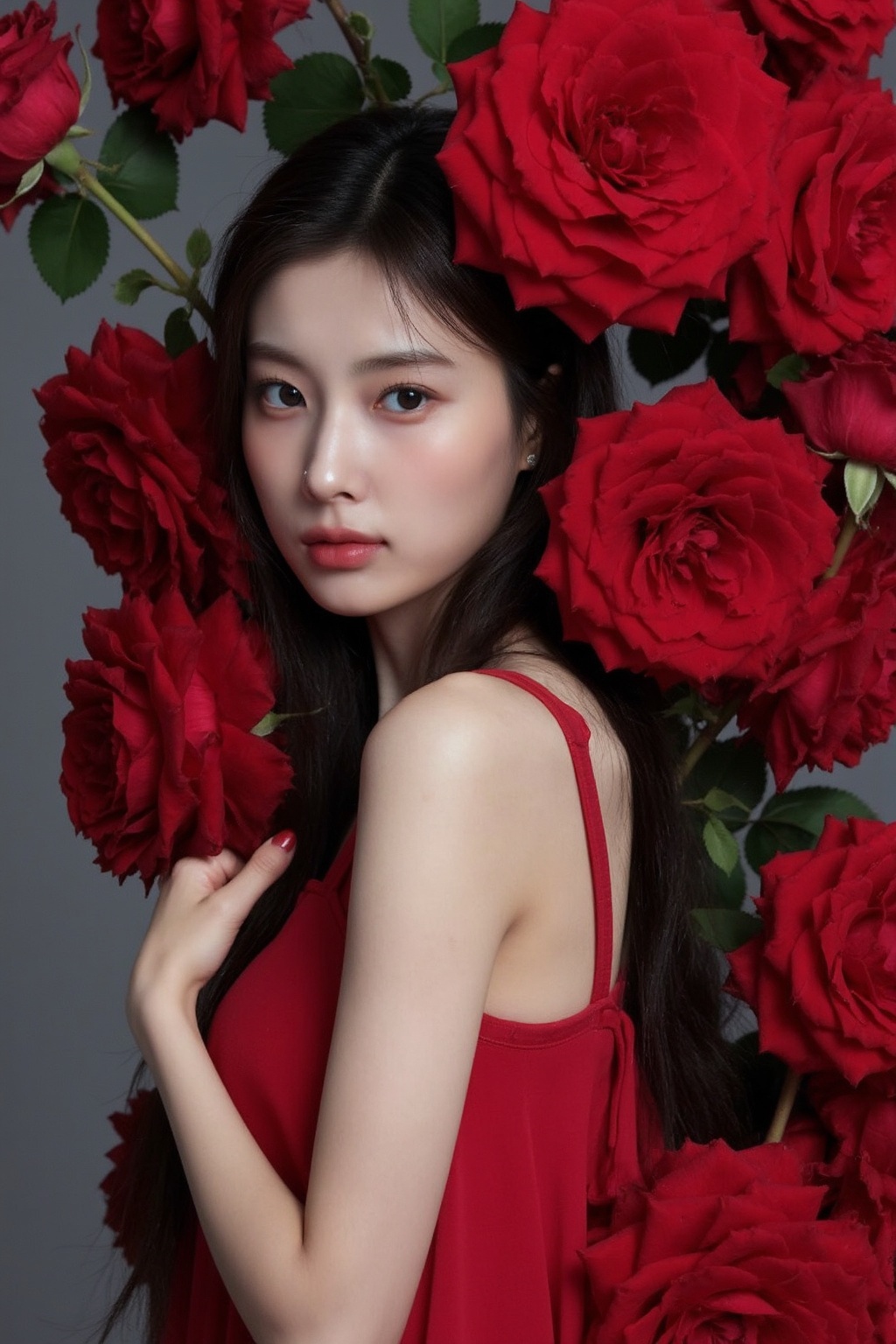 The image showcases a young asian woman. She is positioned against a gray background,  which is filled with red roses. The...