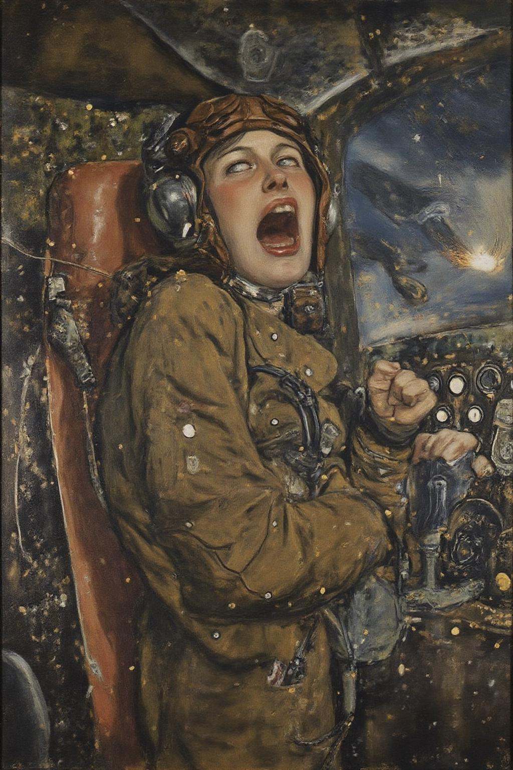 kl1mt painting. A female pilot screaming inside the cockpit of a World War II bomber. The pilot,  wearing a vintage leathe...