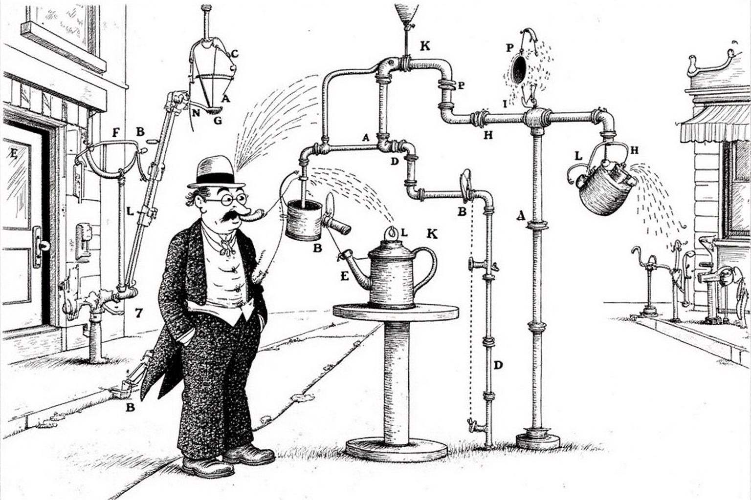 rugo1 illustration. The scene depicts a man in a Victorian-era suit and bowler hat,  with a mustache and glasses,  standin...