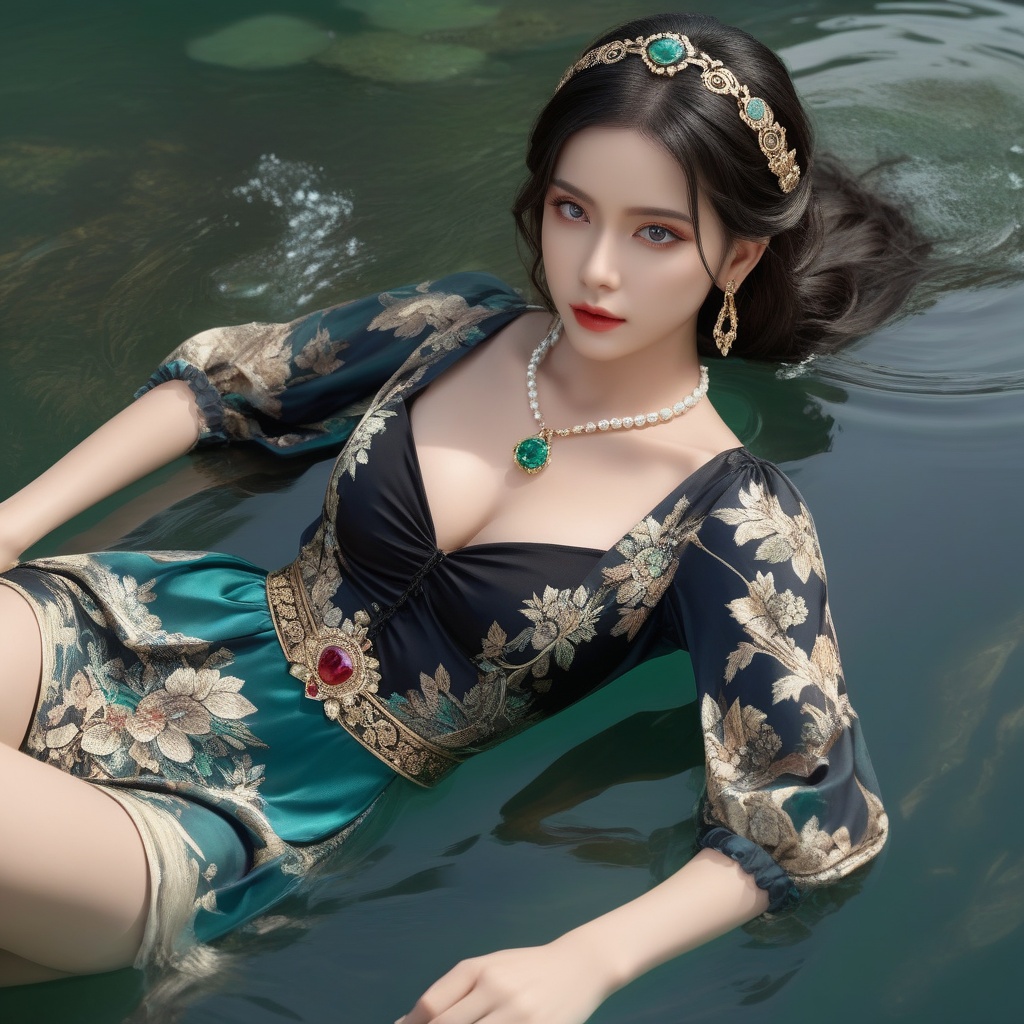 (,1girl, ,best quality, ),,masterpiece, ((((1girl, solo, , ,solo focus, lying on water, )))) (cleavage),,  (), ,ultra realistic 8k cg,   clean, masterpiece,     (( , )),,  , unreal, science fiction, luxury, jewelry, diamond, gold, pearl, gem, sapphire, ruby, emerald, intricate detail, delicate pattern, charming, alluring, seductive, erotic, enchanting, hair ornament, necklace, earrings, bracelet, armlet,halo,(cleavage),, , (), <lora:823-DA-XL-国模-恶女-VIVI:0.8>,