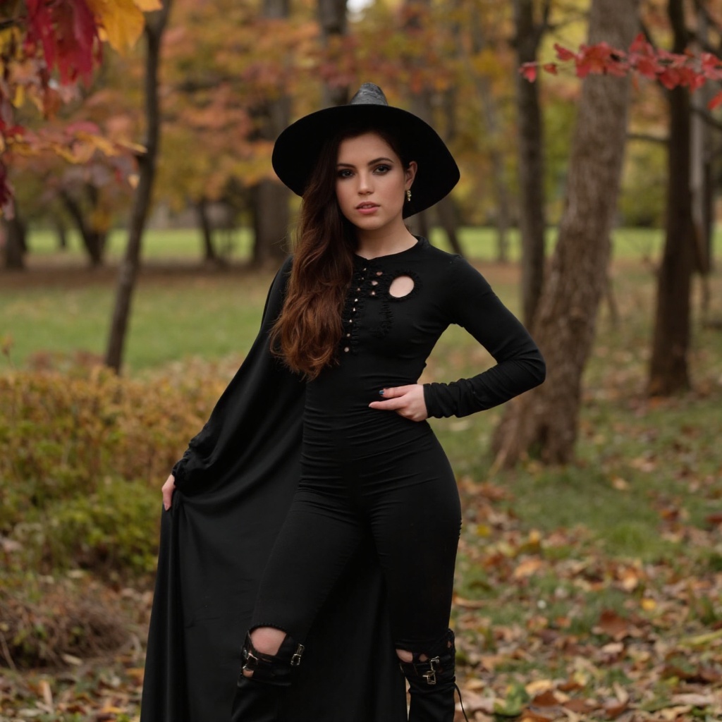 A portrait of sydney_sierota in a forest during autumn. She wears a black witch costume: a pointed witch hat,  a long-slee...
