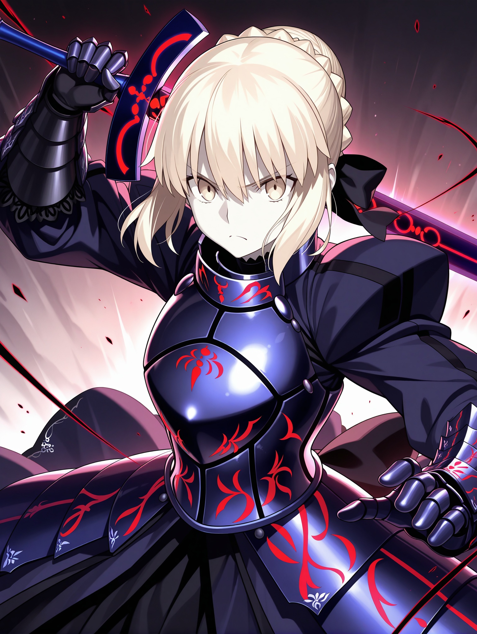 artoria pendragon \(fate\), saber alter, 1girl, armor, armored dress, black armor, blonde hair, braid, braided bun, breastplate, brown eyes, excalibur morgan \(fate\), eyebrows hidden by hair, gauntlets, hair between eyes, hair bun, swinging weapon, scowl, >:\(, short hair, sidelocks, single hair bun, solo, en guard, sword, weapon,masterpiece,best quality,amazing quality,